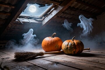 Haunted Attic with Ghosts and Pumpkins