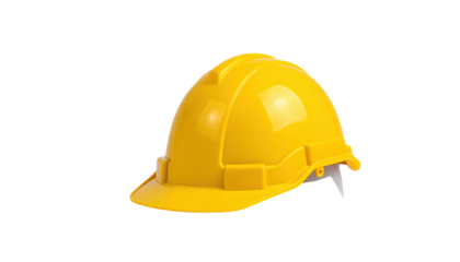 A bright yellow safety helmet, isolated on a black background, angled slightly