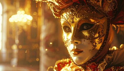 Elegant masked figure in ornate costume at a grand masquerade ball surrounded by opulent decor