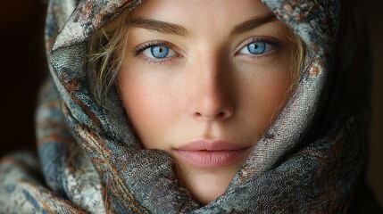 Fototapeta premium Mysterious woman with piercing blue eyes wrapped in an elegant scarf, radiating inner beauty and grace