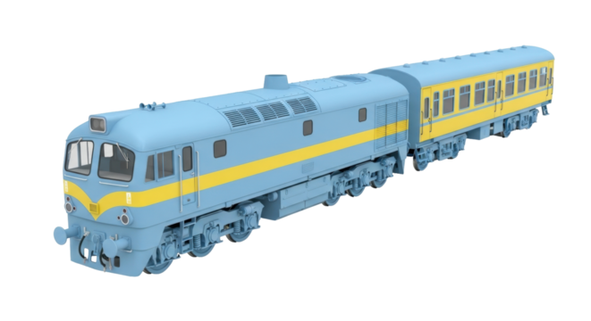 Isolated diesel locomotive train set on clean stage ready for compositing or commercial use