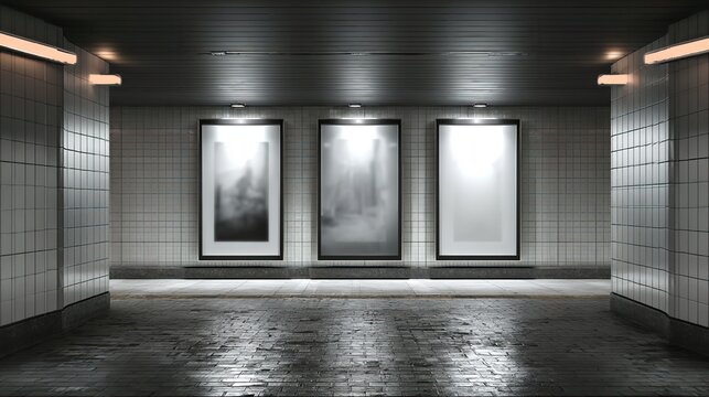 Three illuminated posters in urban tunnel offering advertising space, moody and atmospheric, engaging visual.