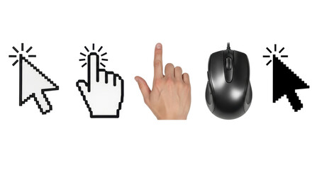 Isolated set of computer mouse and hand cursor icons for websites, interfaces and devices