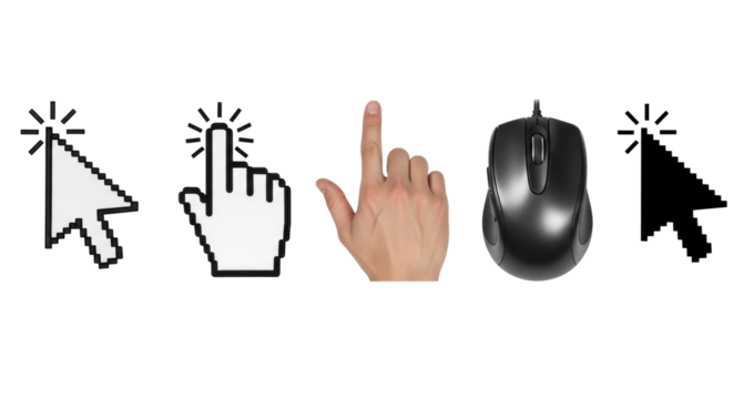 Isolated set of computer mouse and hand cursor icons for websites, interfaces and devices
