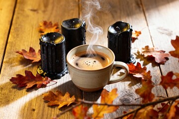 Autumn Coffee with Black Candles and Leaves