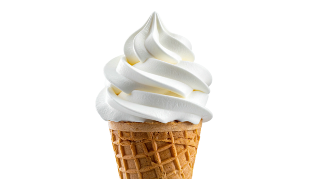 Creamy white soft-serve ice cream cone against a black background