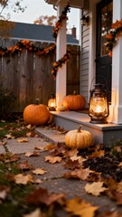 Autumn Porch with Pumpkins and Lanterns