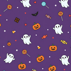 Cute Halloween Pattern With Ghosts Pumpkins And Candies On A Purple Background