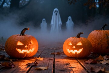 Halloween Ghosts and Pumpkins at Night