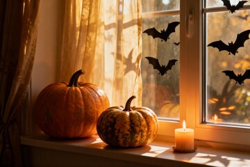 Pumpkins on Windowsill with Halloween Bats