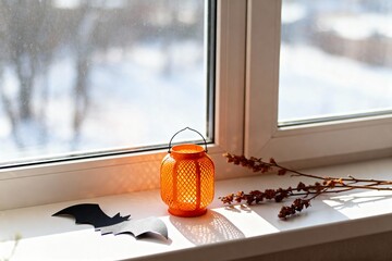 Cozy Autumn Window with Candle and Lantern