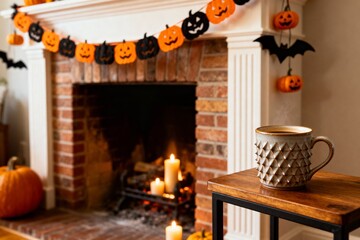 Halloween Fireplace Decor with Pumpkins and Garland