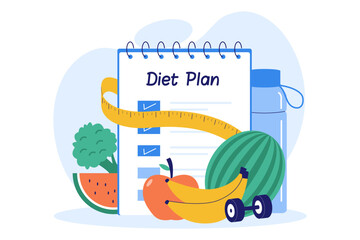 Illustration of Diet Plan and Healthy Lifestyle. Checklist, Fruits, and Measuring Tape for Weight Loss Goals
