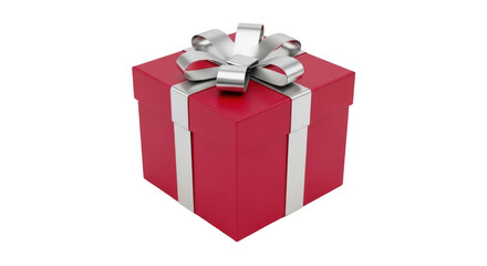 Isolated gift box with silver ribbon. Red present wrapped, a surprise for birthday or Christmas