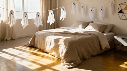 Cozy Bedroom with Halloween Ghost Garland
