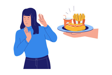 Illustration of Rejecting Junk Food. Woman Refusing Fast Food to Maintain a Healthy Diet