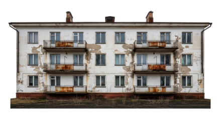 Isolated residential building with balconies, aged and neglected, exterior facade shot