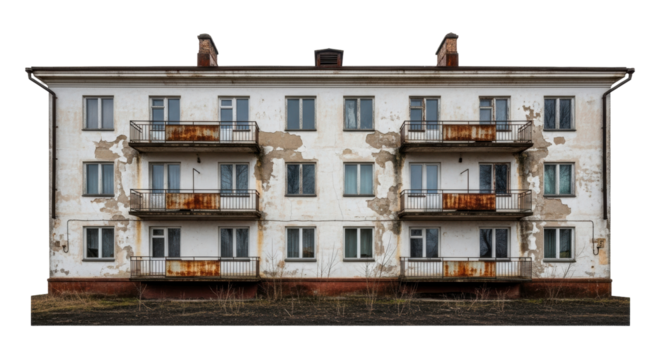 Isolated residential building with balconies, aged and neglected, exterior facade shot