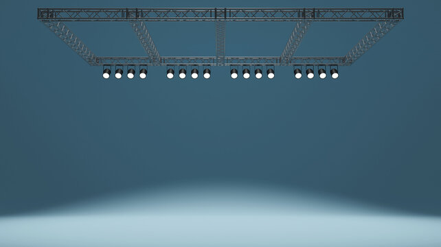 3d rendering of truss with spotlights set, equipment for studio and exhibition pavilion stage lighting