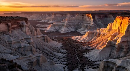 Dramatic canyon vista under a glowing sky showcases nature's artistic formations and the serene beauty of an arid landscape.