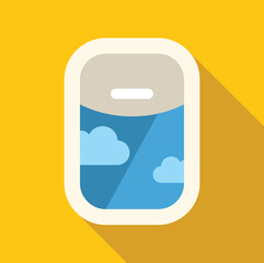 Looking through the airplane window at beautiful blue sky and white clouds, enjoying the flight