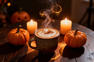 Halloween Coffee with Pumpkins and Candles