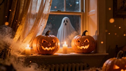 Halloween Window Decor with Pumpkins and Ghost