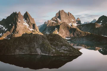Selbstklebende Fototapeten Lachs Lofoten islands in Norway sunset landscape Solbjornvatnet lake and mountains nature water reflection travel Scandinavian beautiful destinations, natural landmarks summer season tranquil scenery  © EVERST