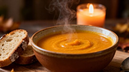 Pumpkin Soup in Rustic Bowl with Steam