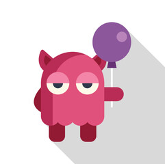 Bored pink monster holding a purple balloon in flat design style with long shadow