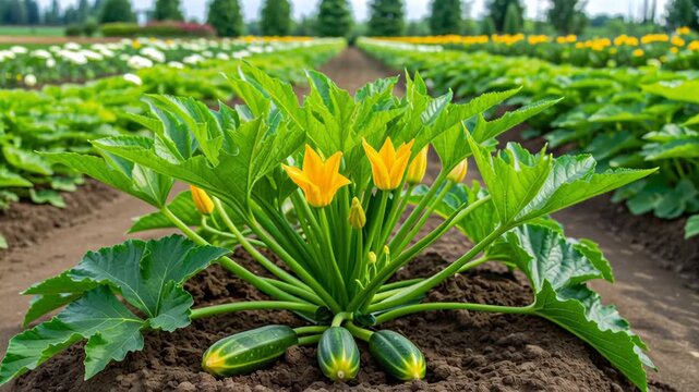 Vibrant zucchini plant with yellow flowers in a lush green farm field.
