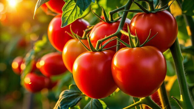 Vibrant red tomatoes growing on the vine in a sunlit garden.