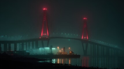 Obraz premium Night bridge shrouded in mist, adorned with vibrant red lights, creating an atmospheric scene against the dark waters.