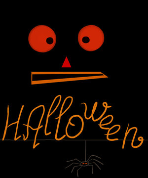 On a black background, there is the inscription hellowin in orange with a cheerful spider and huge eyes looking at us. 