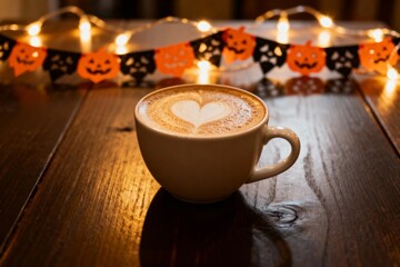 Halloween Coffee with Pumpkin Garland Lights