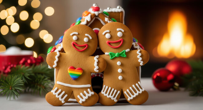 Two smiling gingerbread cookies in love decorated as a gay couple with a rainbow heart stand by a festive house in a warm Christmas setting.