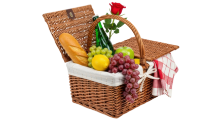 Isolated picnic basket with food contents like baguette, fruits, wine, towel and a rose flower