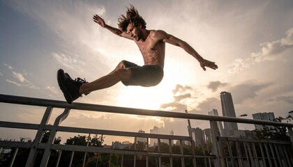 Athletic man performing parkour over railing in urban setting with city skyline at sunset