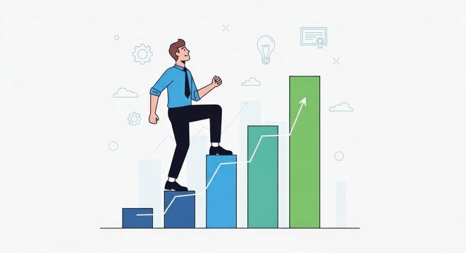 Man stepping up blue-to-green graph bars with arrow, representing business success in a light, clean design