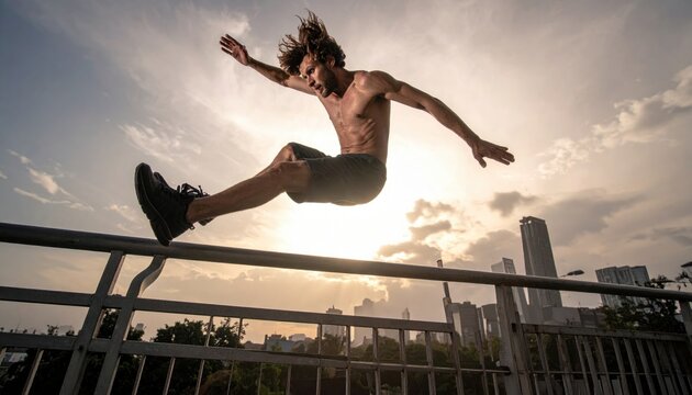 Athletic man performing parkour over railing in urban setting with city skyline at sunset