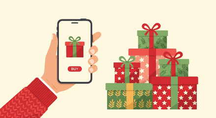 Flat lay of a hand holding a smartphone with a gift icon on the screen next to a stack of wrapped presents in red green and gold on a pale yellow background.
