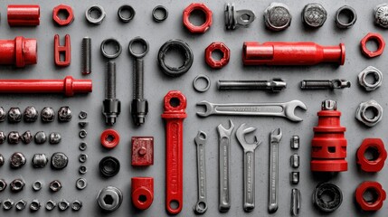 Tools like wrenches and nuts arranged on a gray surface, showcasing their industrial design and functionality