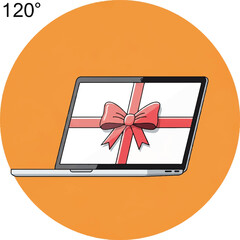Flat lay illustration of a laptop with a gift box on its screen, featuring a red bow on a white background with orange circle, conveying a celebratory mood.