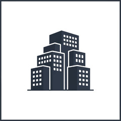Graphic illustration of a stylized cityscape with multiple buildings in dark blue and white on a clean white background.