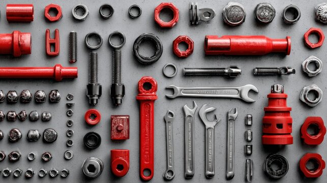 Tools like wrenches and nuts arranged on a gray surface, showcasing their industrial design and functionality