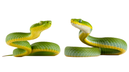 Two green pit vipers with yellow stripes face each other, isolated on transparent background