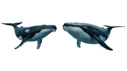 Two humpback whales swim in the ocean, isolated on transparent background