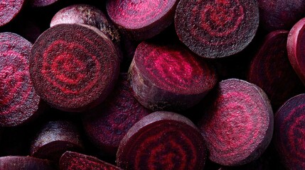 Freshly sliced beetroot arranged neatly, showcasing their rich color and texture, ideal for various dishes