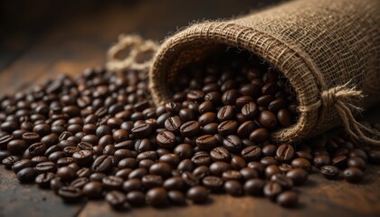 Coffee Beans Spilling out of a Burlap Sack on a Wooden Table Surface in a Warm, Cozy Setting