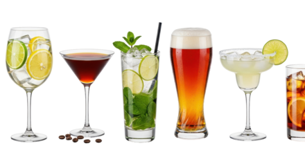 Isolated assorted alcoholic drinks for menu design, recipe books or ad campaigns and blogs